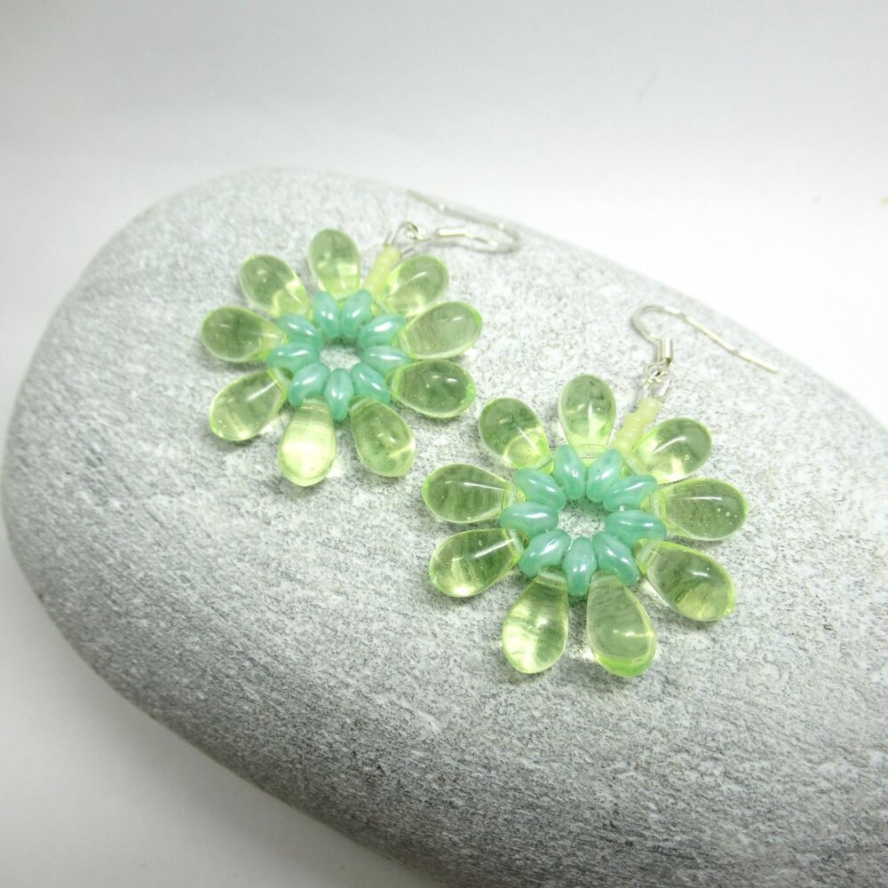 Handwoven Uranium Glass drop flower Statement earrings - Picture 2 of 10